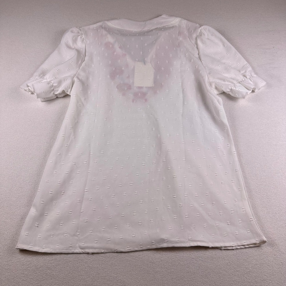 NWT Floral Embroidered Swiss Dot Puff Sleeve‎ Split Neck Blouse Sz S Peasant - Picture 6 of 9